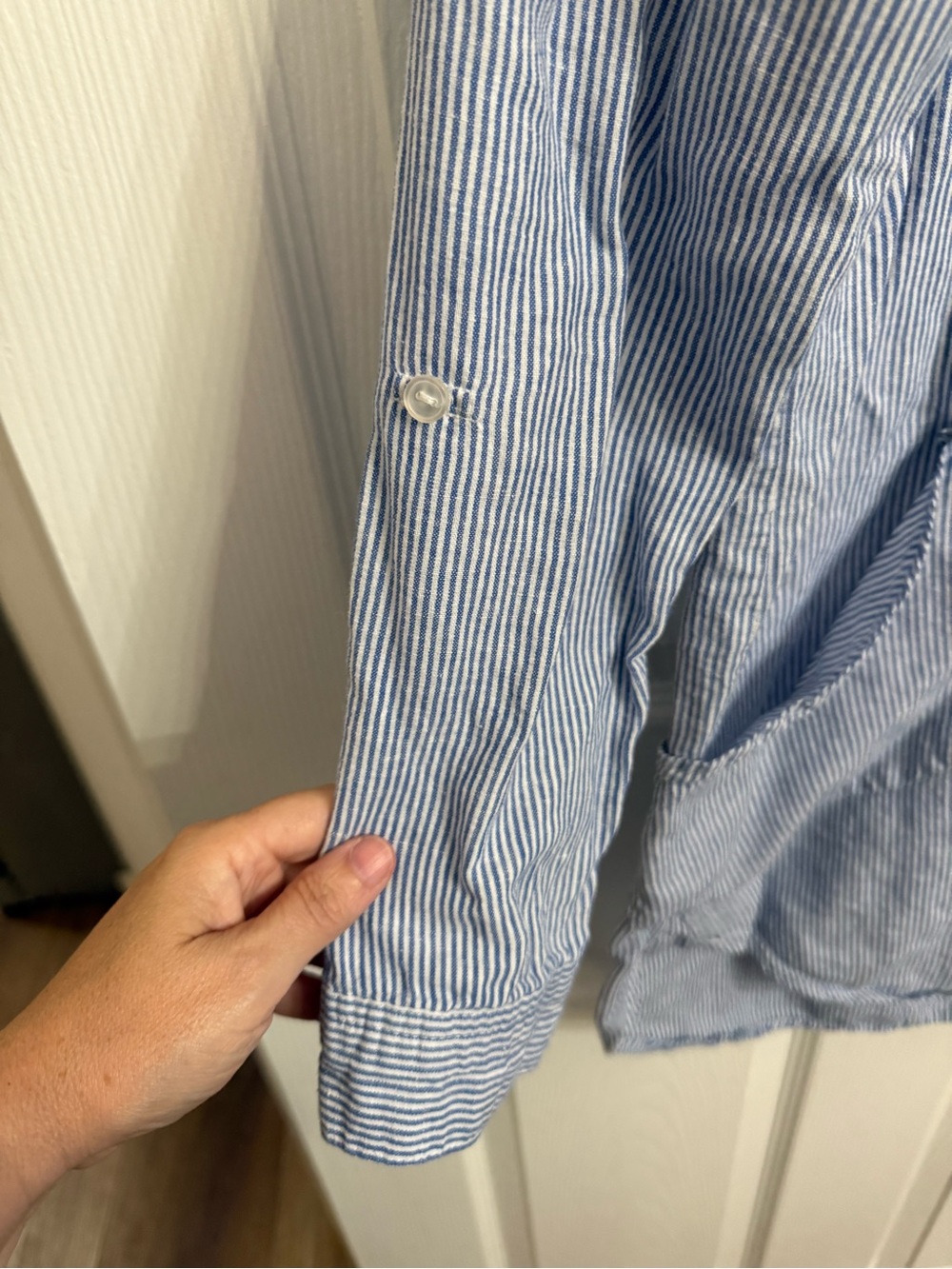 For Cynthia Blue White Striped Linen Blend Popover Tunic Shirt Small Coastal - Picture 3 of 7